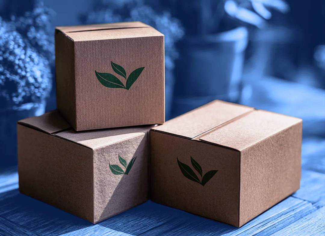 Three small brown cardboard boxes stacked on a wooden surface, each printed with a green leaf symbol, with potted plants blurred in the background.