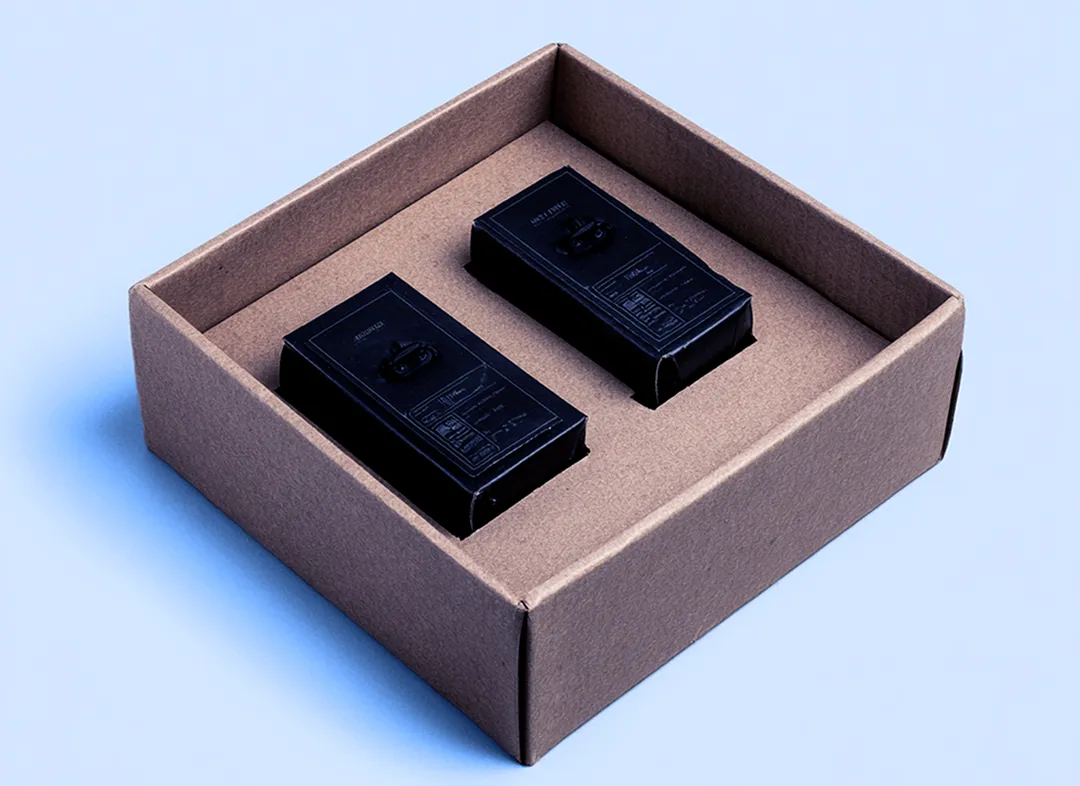 Open brown cardboard tray containing two black rectangular devices placed side by side against a plain white background.