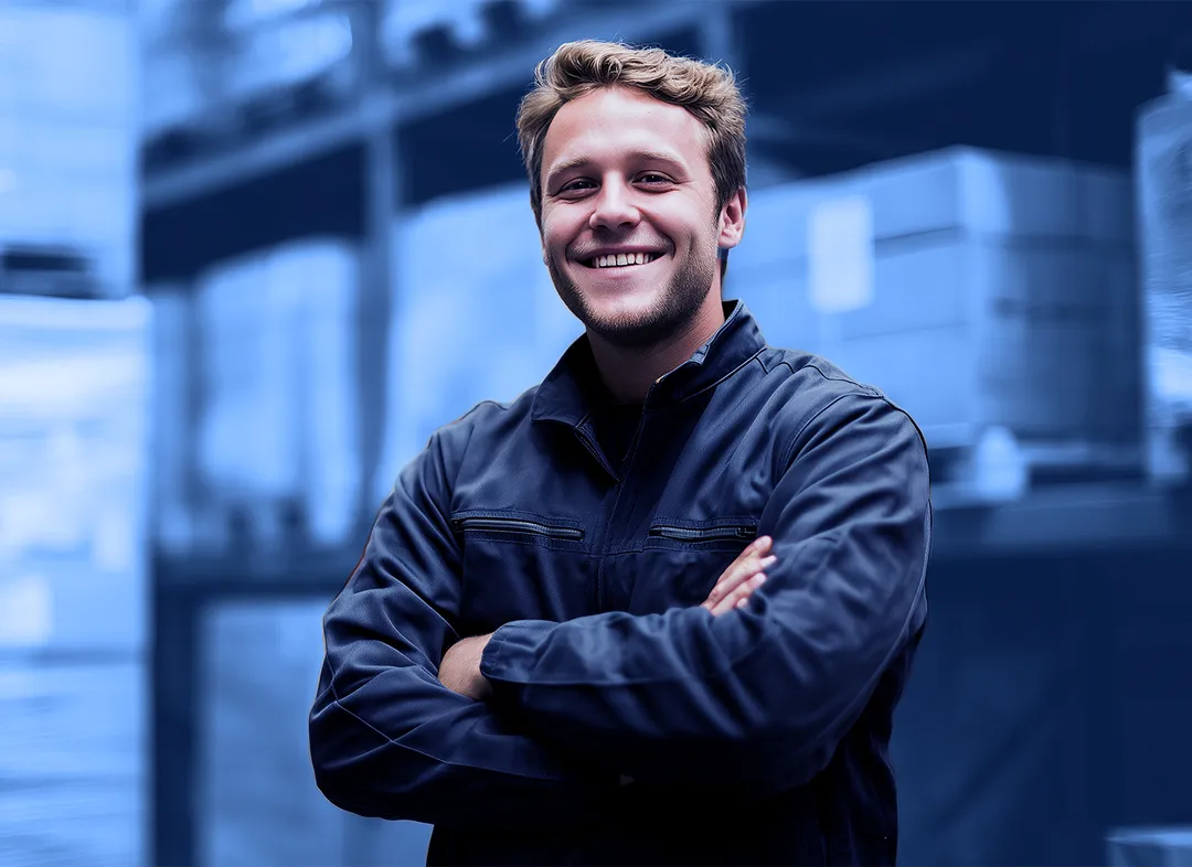 Smiling worker wearing a dark jacket stands with arms crossed in a warehouse aisle, with stacked boxes on shelving in the background.