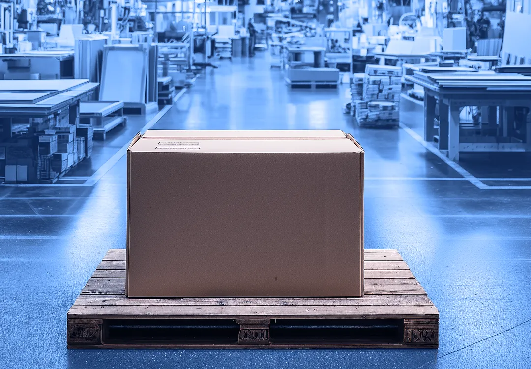 Cardboard shipping box placed on a wooden pallet in the center of a warehouse floor with worktables and stacked materials in the background.