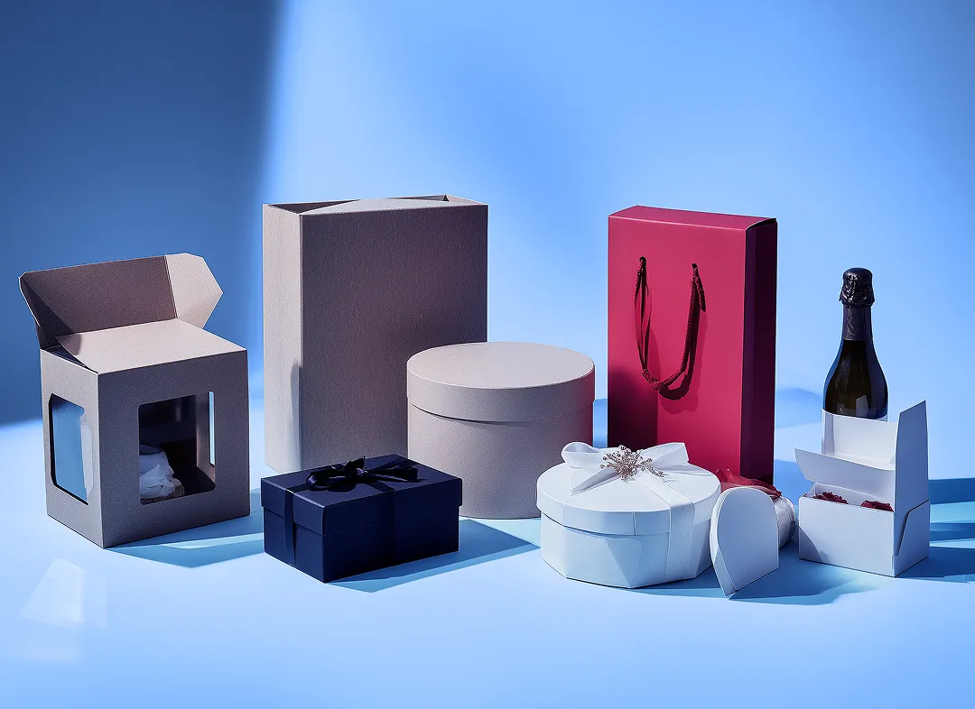 A group of empty retail packaging containers, including paperboard boxes, cylindrical gift boxes, a handled paper bag, and a bottle box, arranged on a blue surface against a blue background.