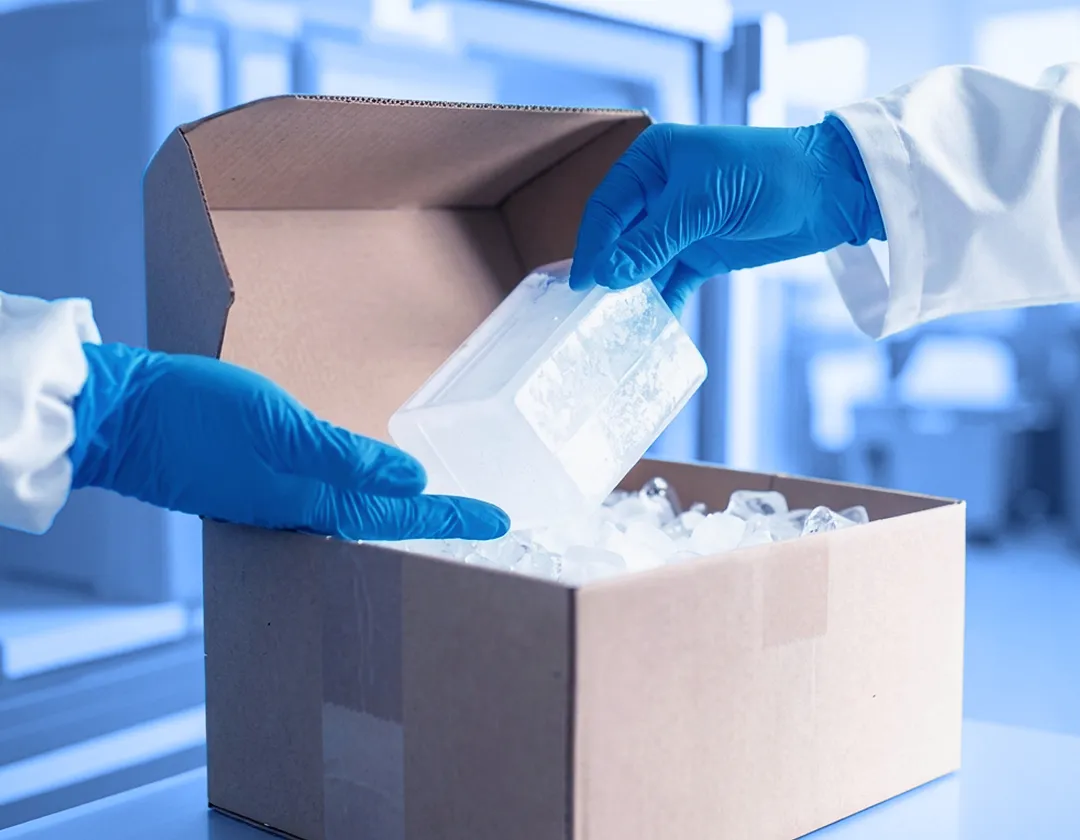 A worker wearing blue gloves places an insulated container into an open cardboard box filled with ice packs inside a temperature-controlled facility.