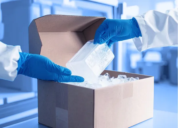 A worker wearing blue gloves places an insulated container into an open cardboard box filled with ice packs inside a temperature-controlled facility.