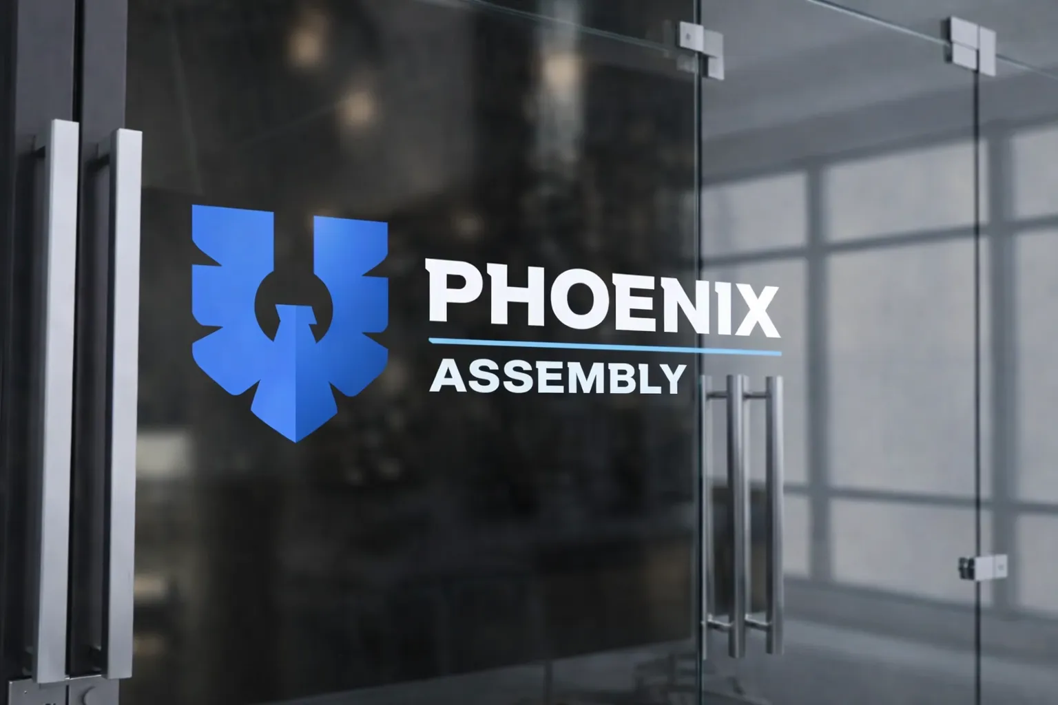 Phoenix Assembly logo displayed on a glass office wall inside a corporate workspace.