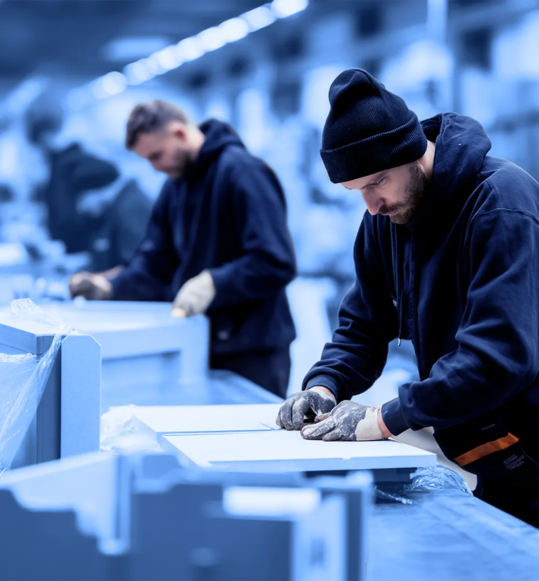 Workers wearing dark hooded sweatshirts and gloves assemble flat cardboard components at workstations inside a warehouse, with boxes and packing materials on tables in the foreground.