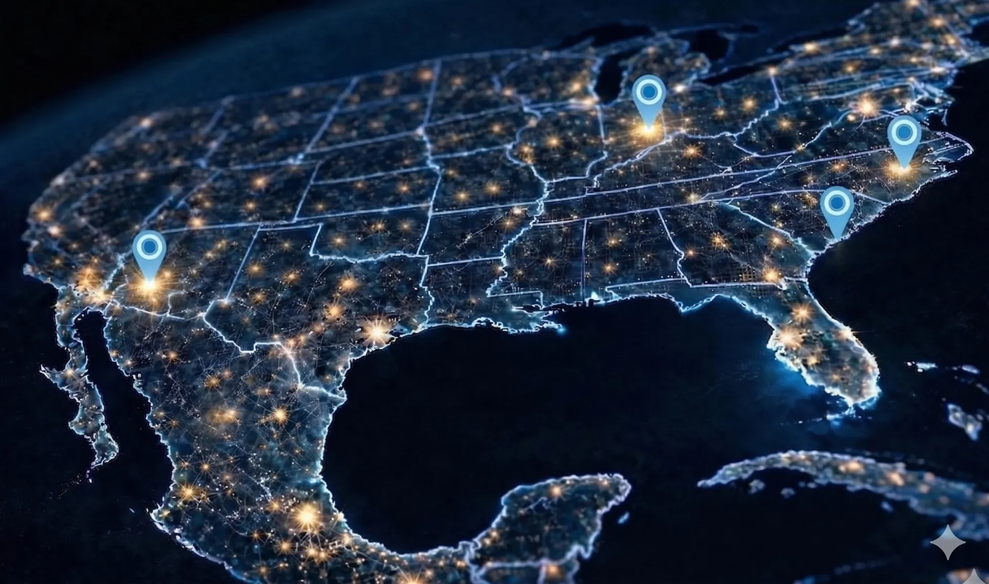 Digital map of the United States displaying multiple location markers for this company.