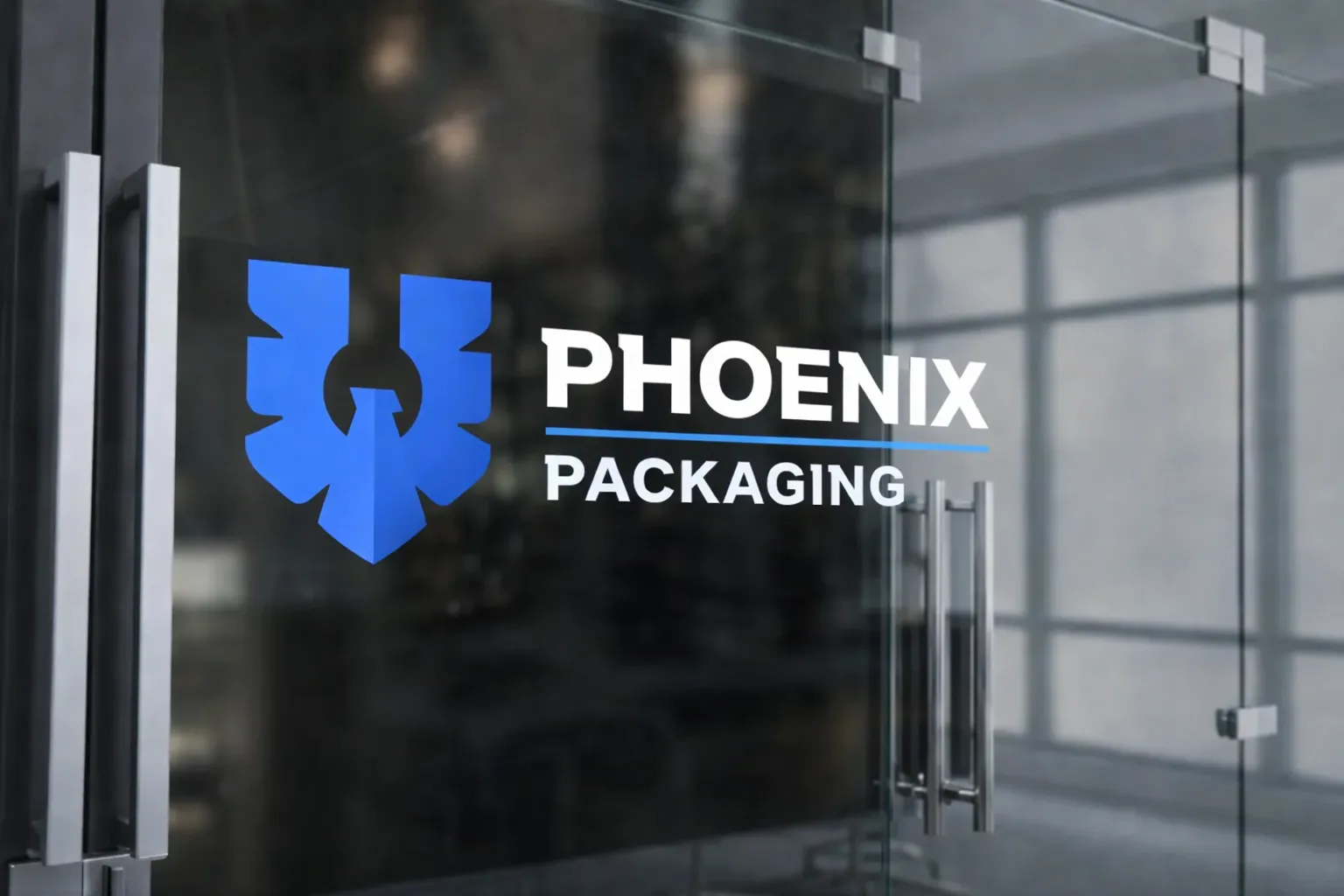 Phoenix Packaging logo displayed on a glass office wall inside a corporate workspace.