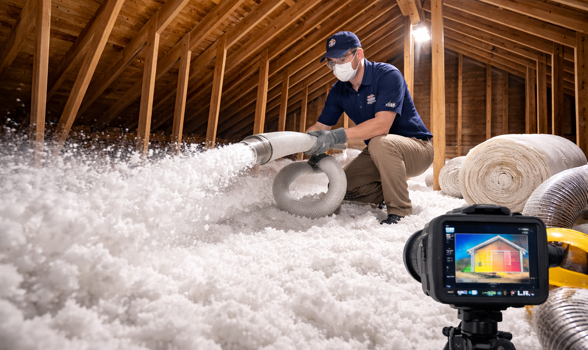 Worker wearing mask and gloves installing loose-fill insulation in an attic with thermal imaging camera monitoring.