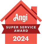 Angi Super Service Award 2024 badge shaped like a red house.