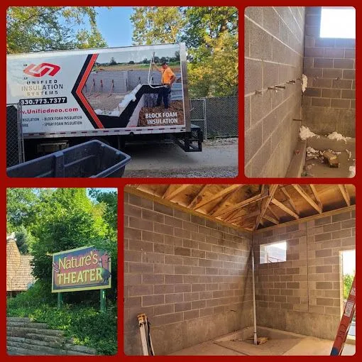 Collage showing a Unified Insulation Systems truck, interior views of block foam insulation installation in building walls, and a green sign for Nature's Theater.
