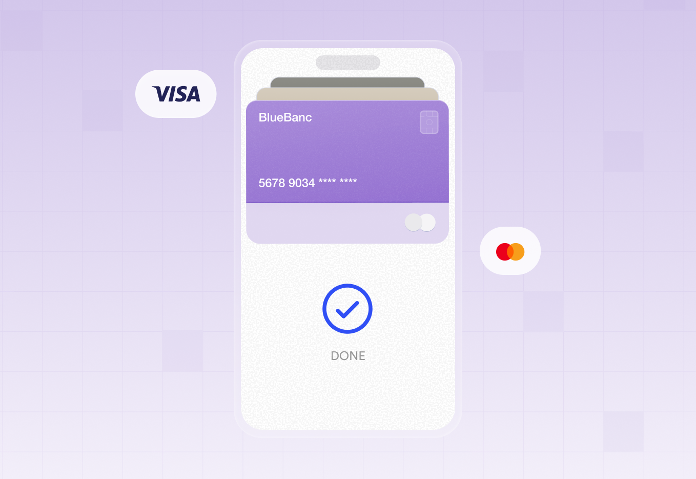 Smartphone screen showing a digital wallet with BlueBanc credit card and icons for Visa, Discover, and Mastercard with a blue checkmark and 'DONE' text.