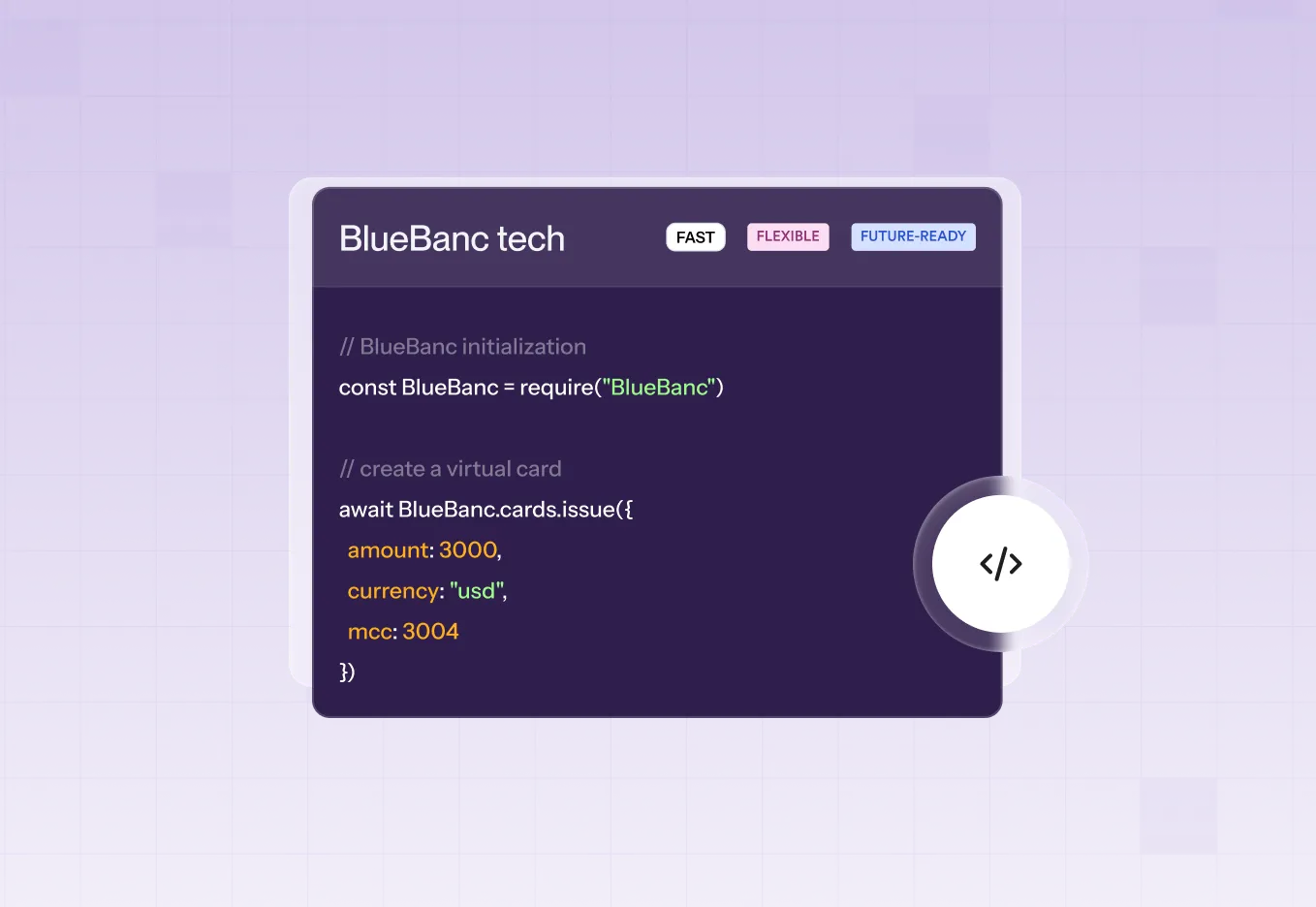 Code snippet showing BlueBanc tech initialization and virtual card creation with amount 3000, currency usd, and mcc 3004.