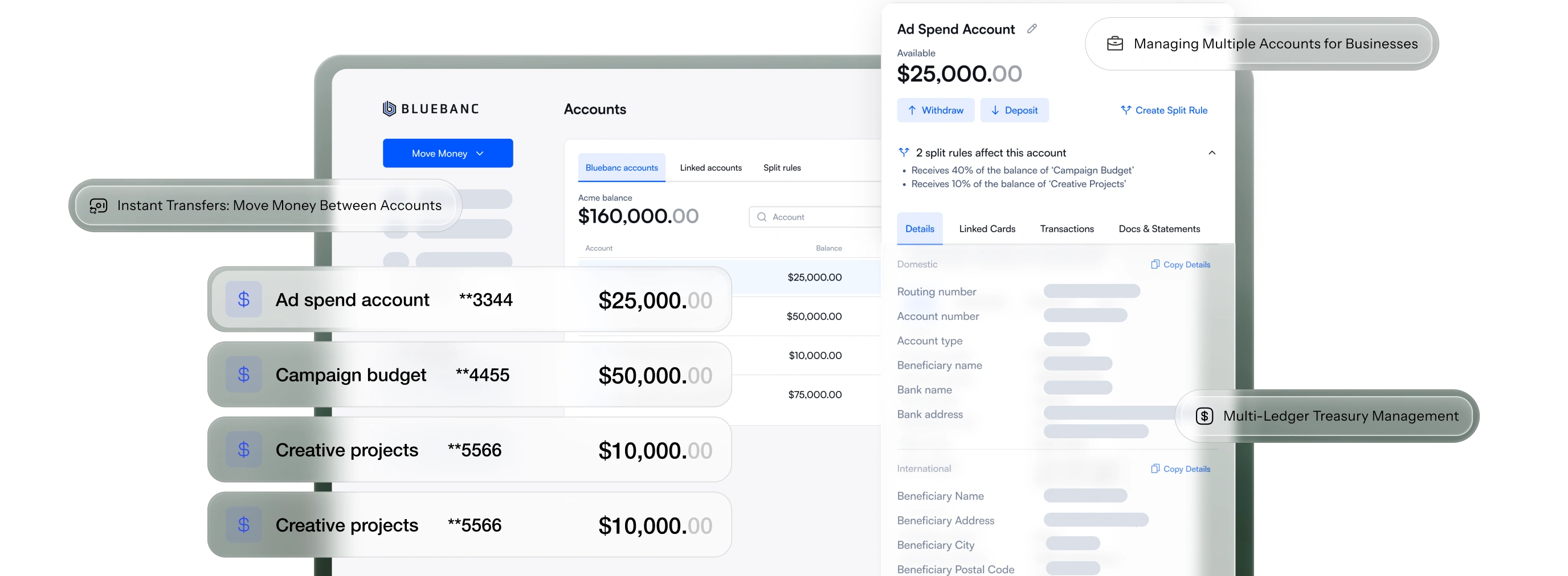 Bluebanc account management interface showing account balances, detailed Ad Spend Account info with split rules, and features like instant transfers and multi-ledger treasury management.