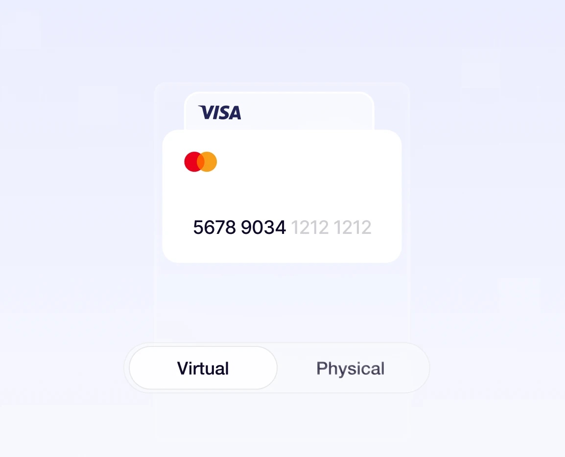 Stack of three credit cards with Discover, Visa, and Mastercard logos above a toggle switch labeled Virtual and Physical, with Virtual selected.