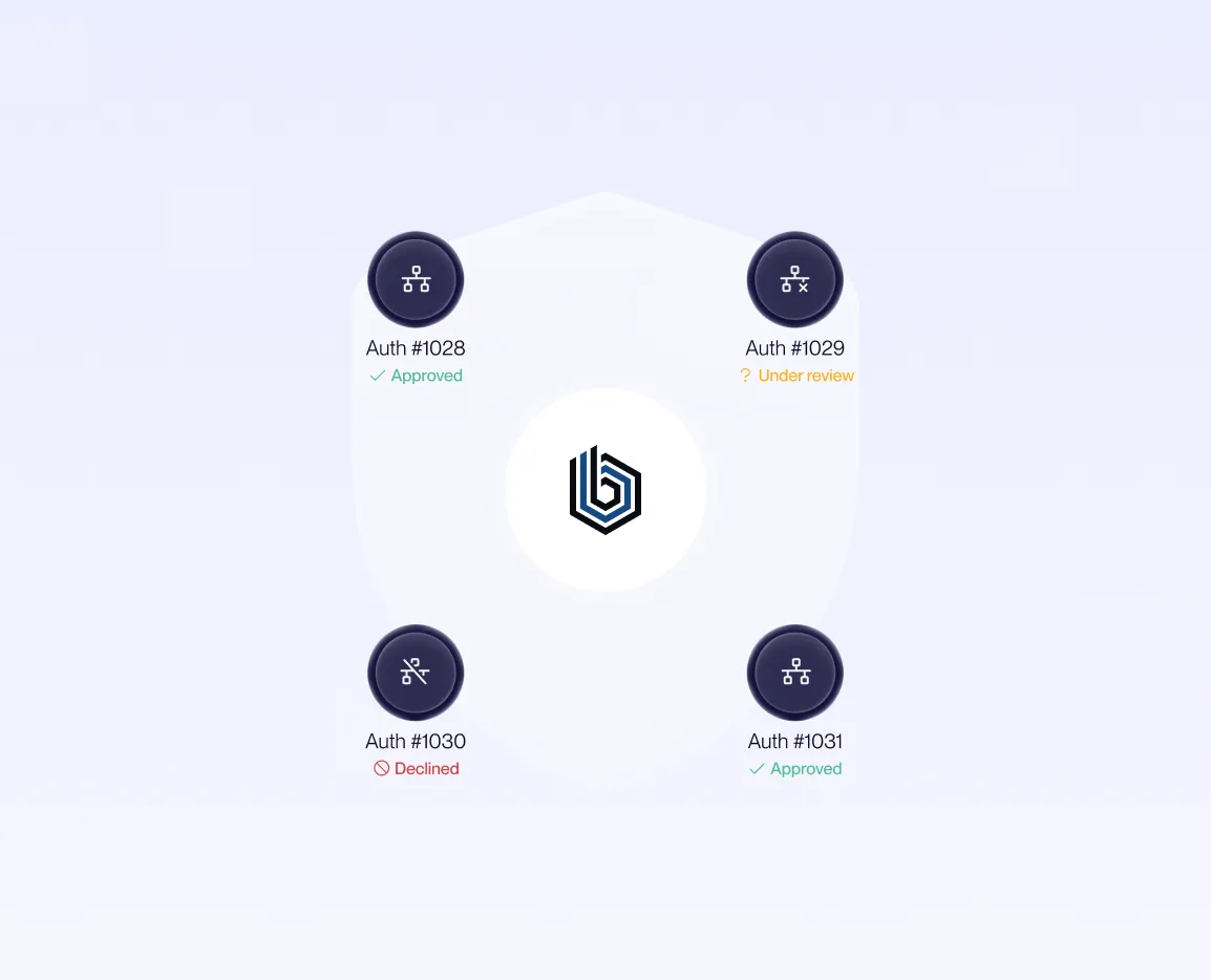Central logo surrounded by four icons labeled Auth #1028 Approved, Auth #1029 Under review, Auth #1030 Declined, and Auth #1031 Approved.