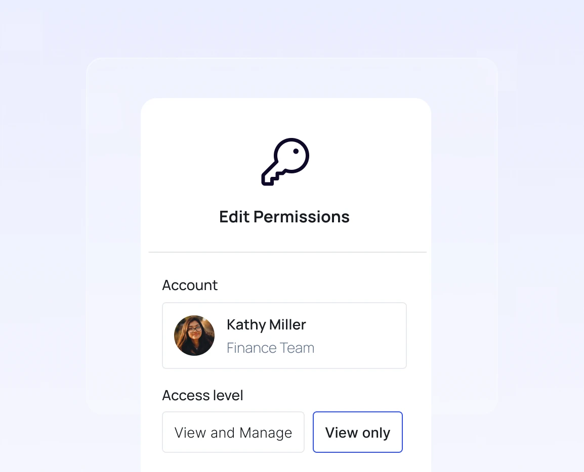Edit Permissions panel showing account Kathy Miller from Finance Team with access level options to View and Manage or View only, View only selected.