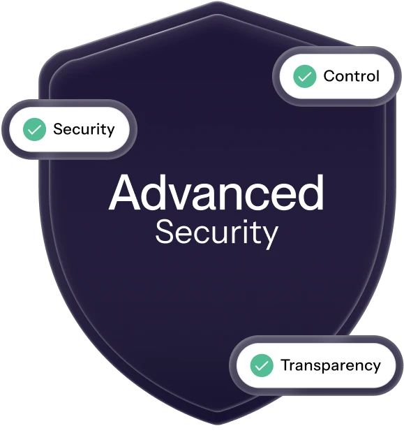 Dark blue shield icon with the text Advanced Security and checkmarked labels for Security, Control, and Transparency.