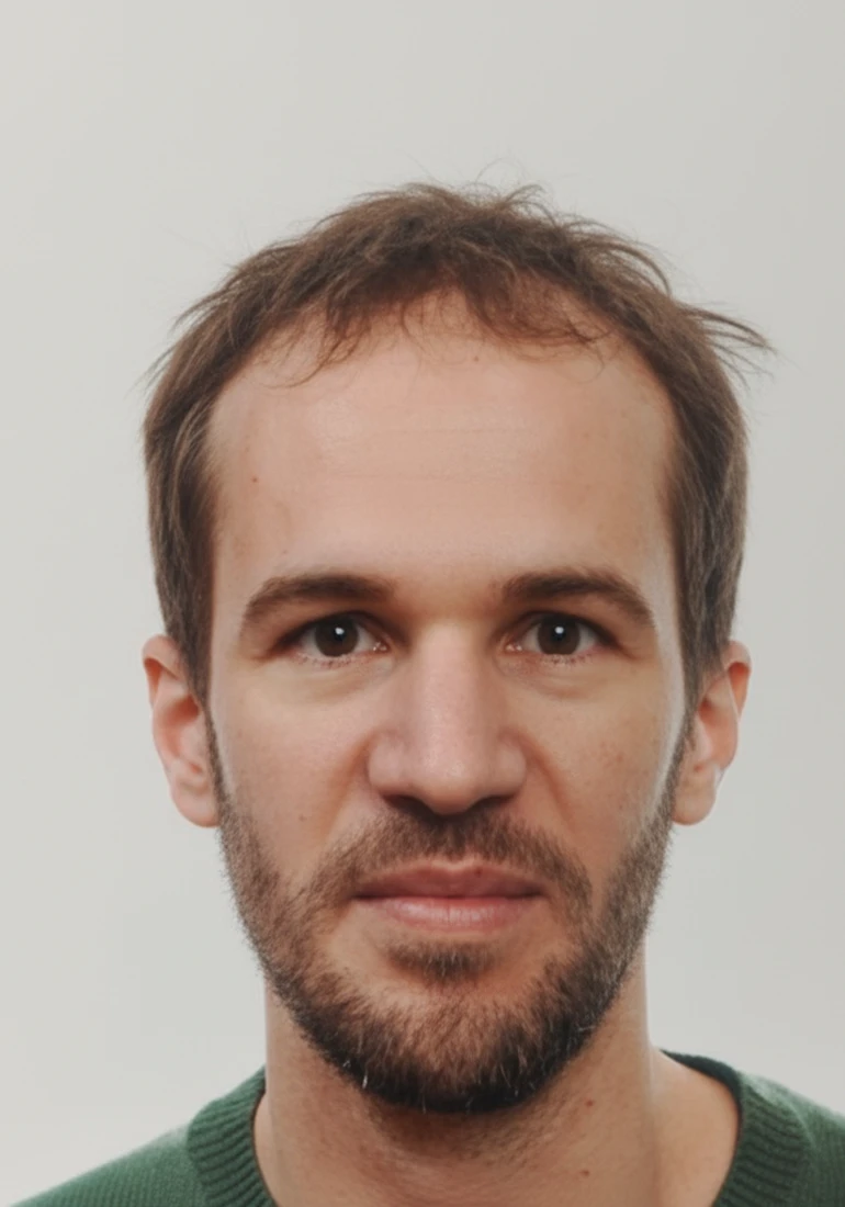 Close-up portrait of a man with short brown hair, beard, and wearing a green sweater, looking straight at the camera.