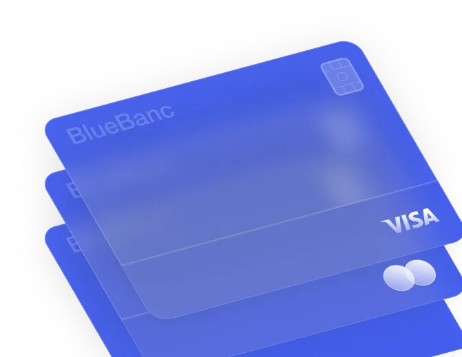 Stack of three translucent blue credit cards labeled BlueBanc with Visa and Discover logos