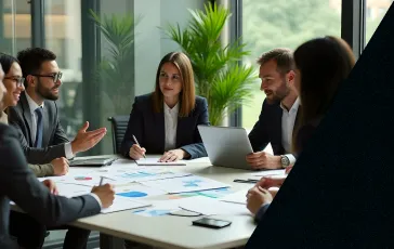 Groupe de collègues en réunion de travail autour d'une table avec graphiques et un ordinateur portable.
