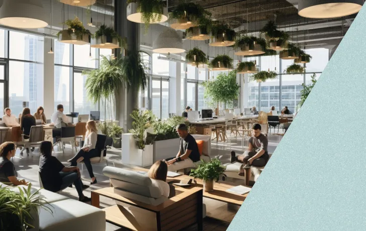 Espace de bureau moderne avec grandes fenêtres, nombreuses plantes suspendues et assises variées où plusieurs personnes discutent et travaillent.