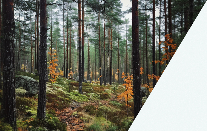 Sentier étroit traversant une forêt dense de pins avec des buissons verts et quelques arbres aux feuilles orange.