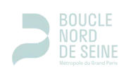 Logo de Boucle Nord de Seine avec un symbole abstrait bleu clair à gauche.