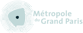Logo Métropole du Grand Paris avec un motif circulaire pixelisé autour d'une forme centrale abstraite.