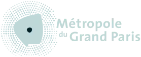 Logo Métropole du Grand Paris avec un motif circulaire pixelisé autour d'une forme centrale abstraite.