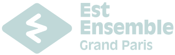 Logo Est Ensemble Grand Paris avec un losange bleu clair contenant un symbole noir stylisé.