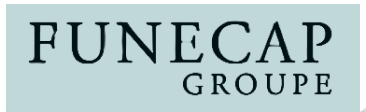 Texte du logo FUNECAP GROUPE en lettres majuscules noires sur fond bleu clair.
