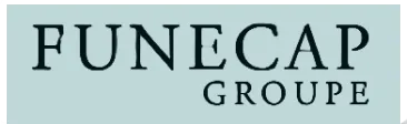 Texte du logo FUNECAP GROUPE en lettres majuscules noires sur fond bleu clair.