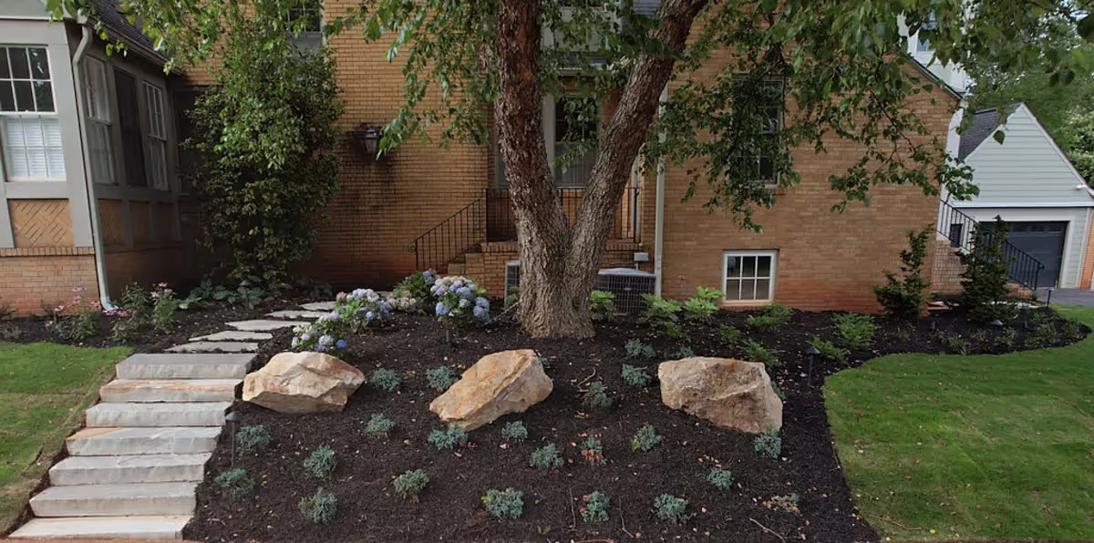 Elegant landscape design with native South Carolina plants, large decorative rocks, and a mature tree in the front yard of a brick house, demonstrating eco-friendly and visually appealing gardening.