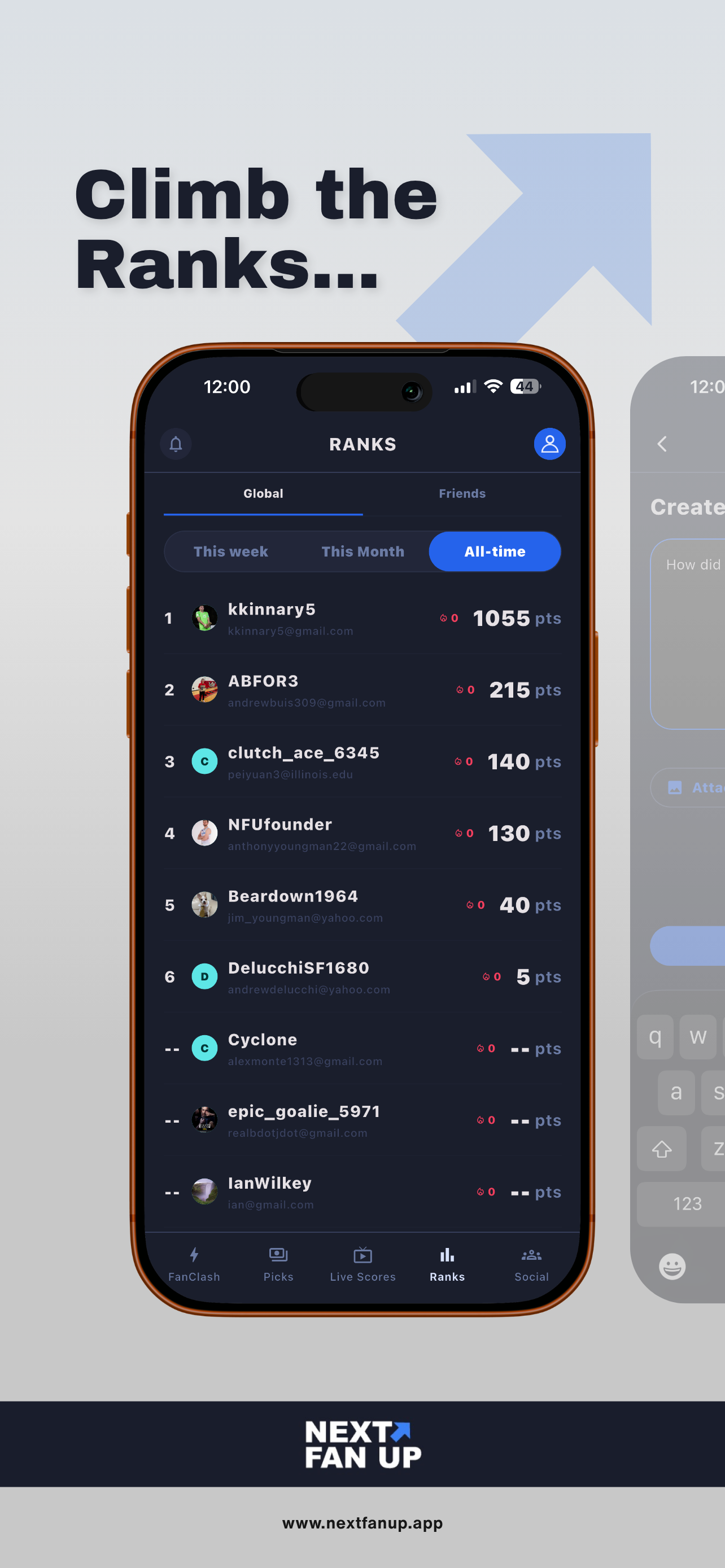 Next Fan Up leaderboard rankings screen