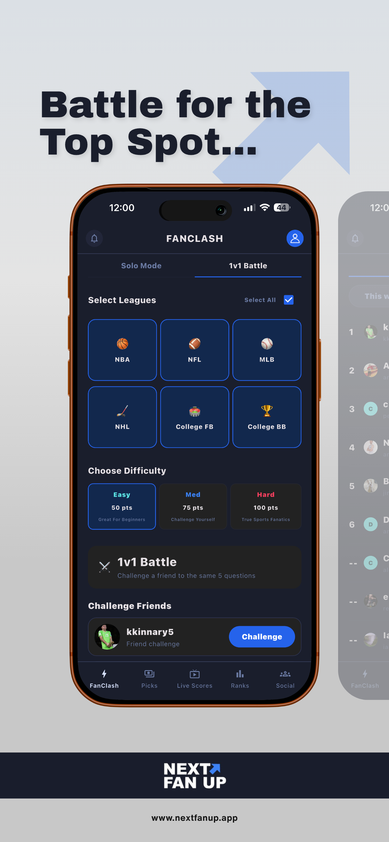 Next Fan Up FanClash trivia screen