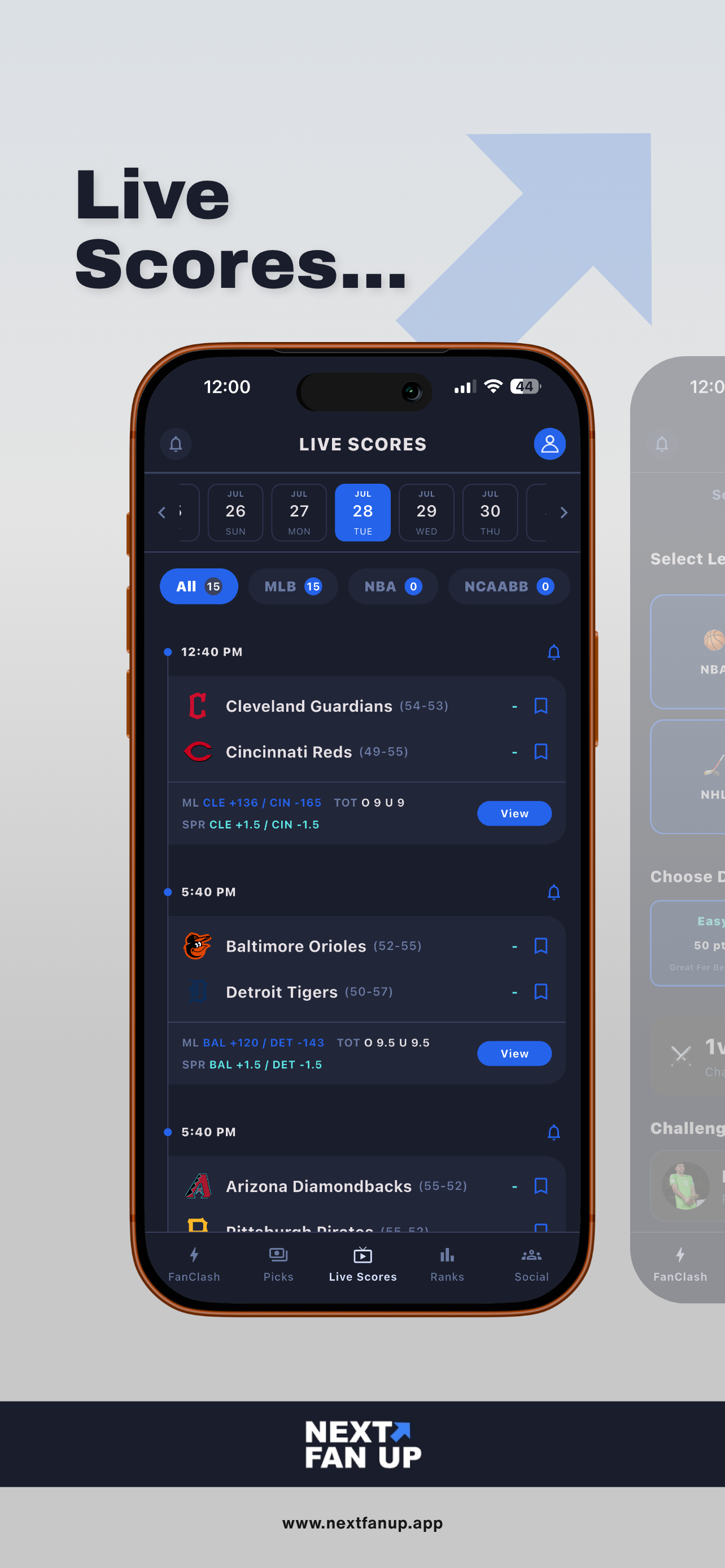 Next Fan Up live sports scores screen