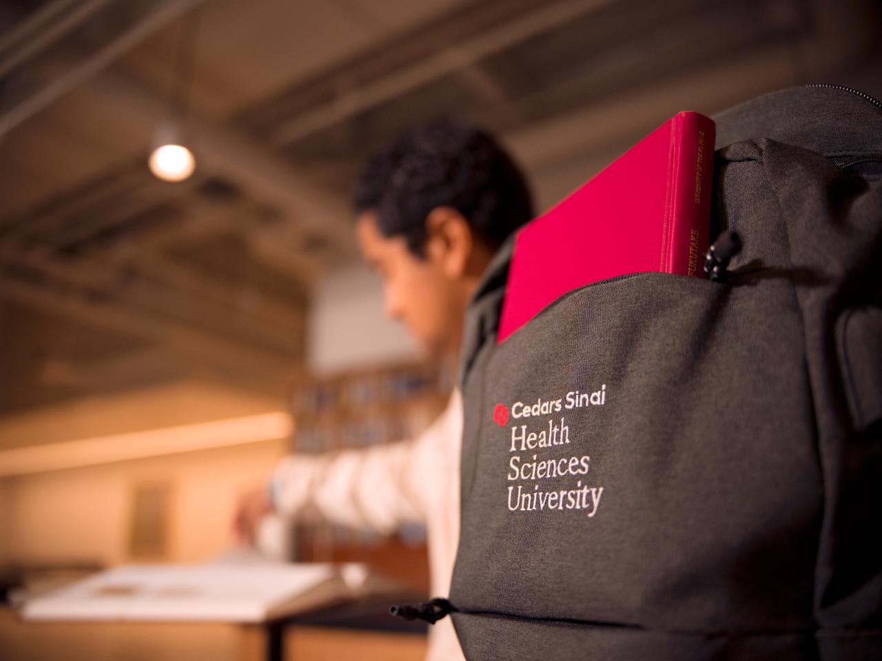 backpack with Cedars-Sinai Health Sciences University embroidery