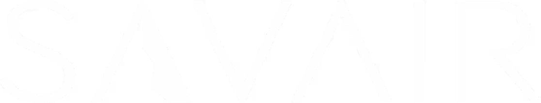 SAVAIR brand name in stylized white uppercase letters on transparent background.