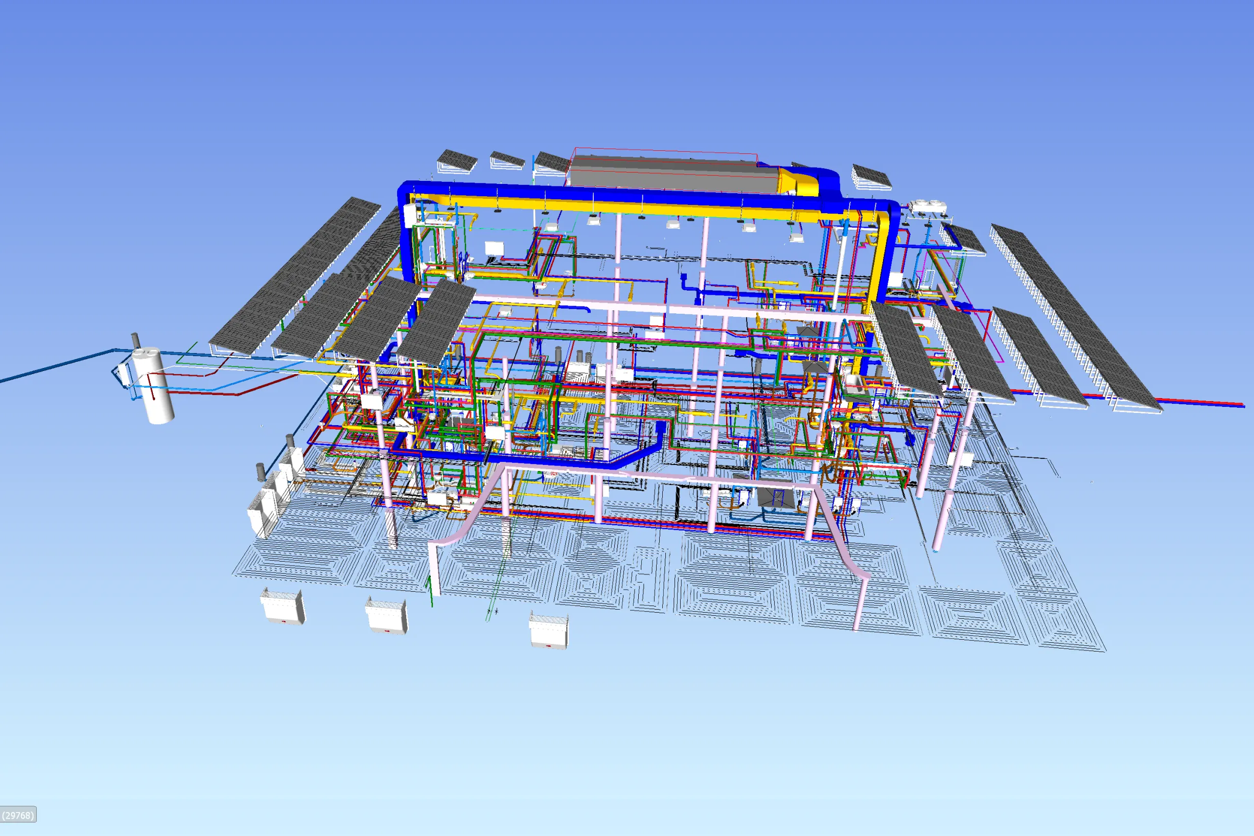 3D-Gebäudemodell mit sichtbarer TGA-Planung und Leitungsführung