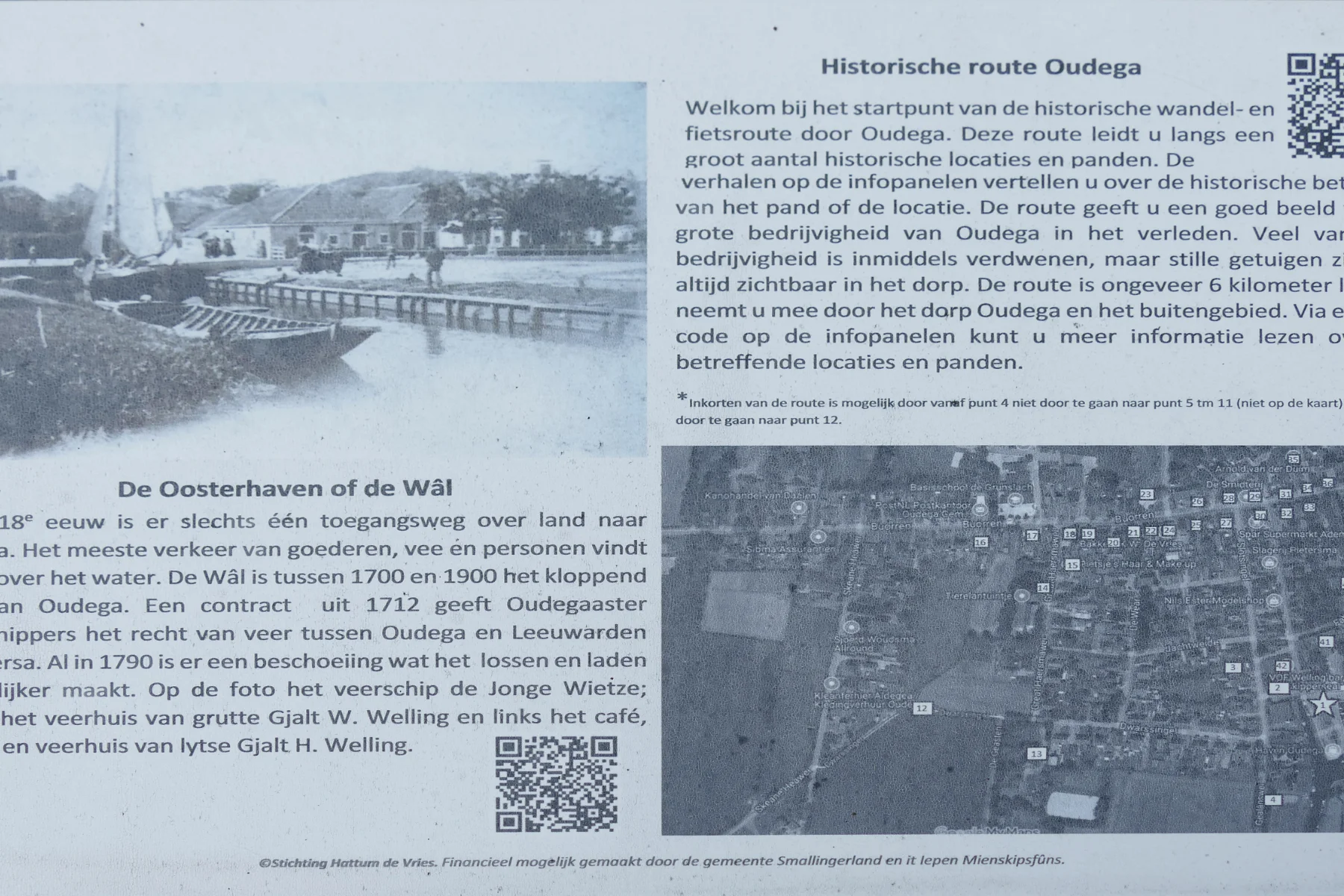 Het startpaneel van de historische route aan de haven van Oudega