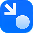 Blue square icon with rounded corners featuring a white arrow pointing diagonally down left and a white circle in the lower right corner.