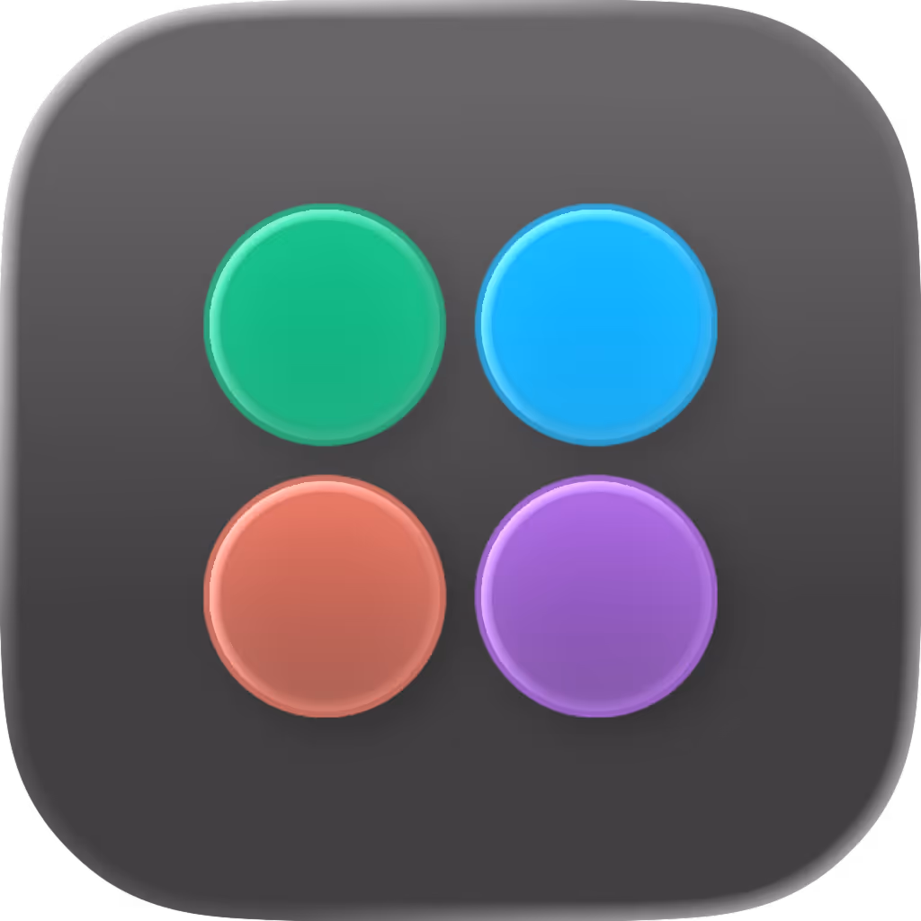 App icon with four round buttons in green, blue, coral, and purple on a dark rounded square background.