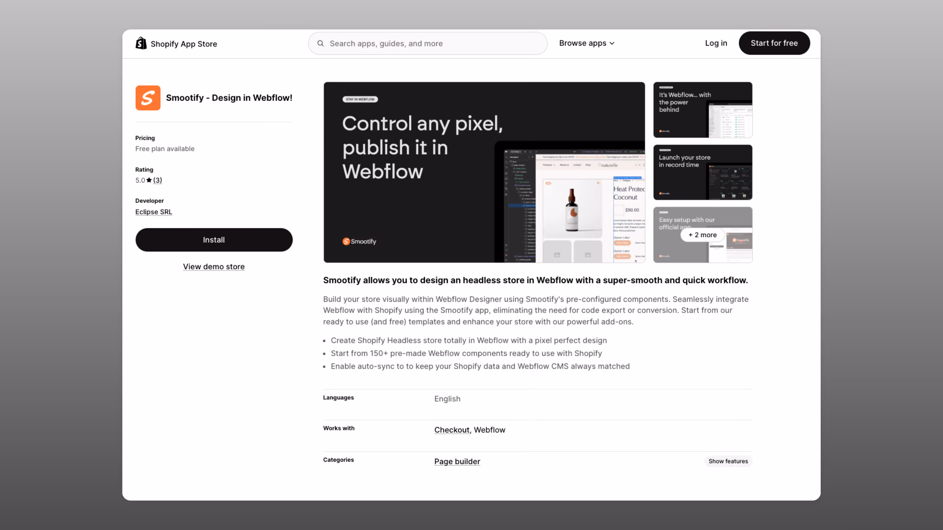 Shopify App Store page for Smootify, a Webflow design app that enables pixel control and headless store creation, with install button and app details.