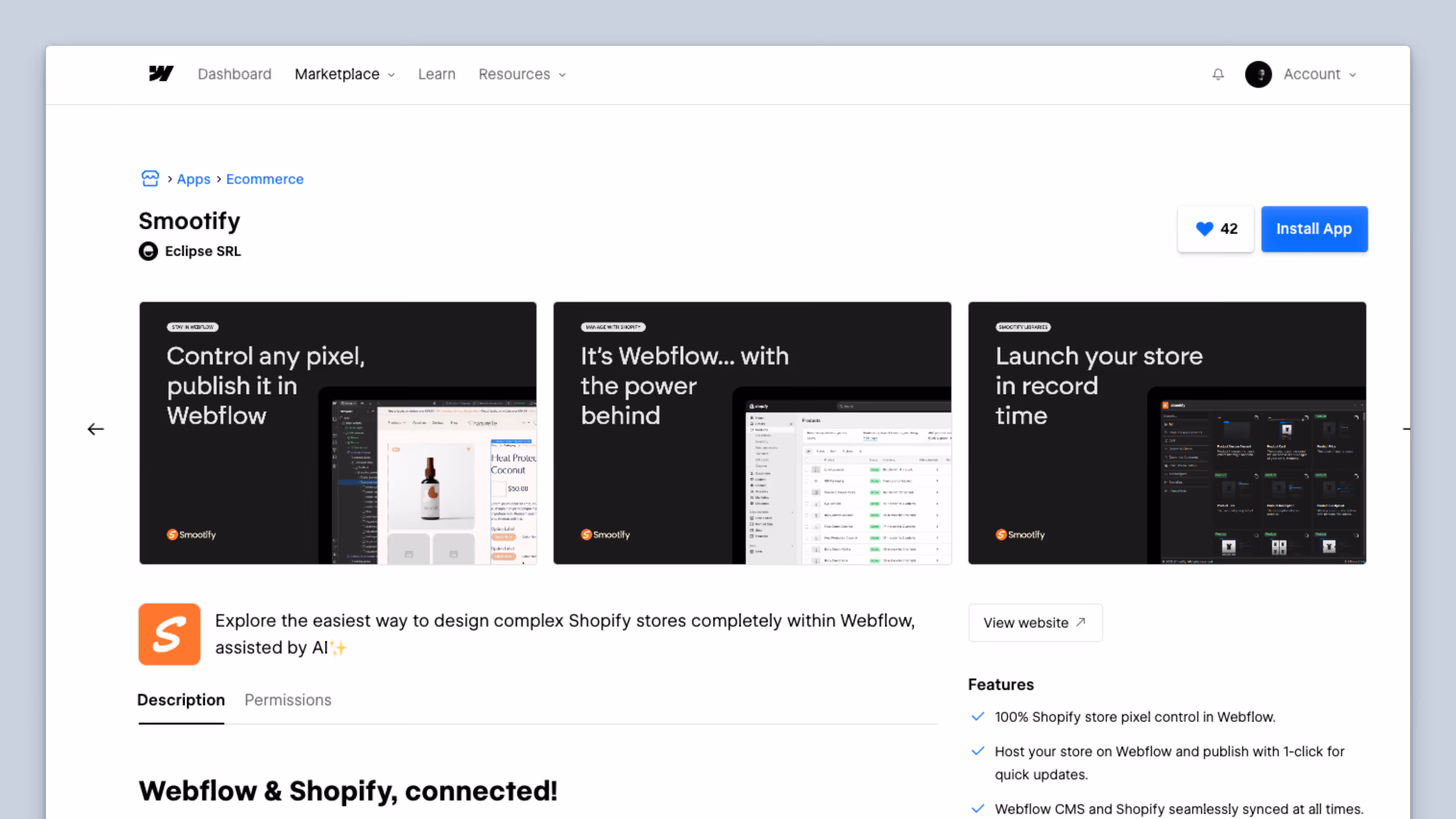 Webflow Marketplace app page for Smootify by Eclipse SRL showing features to control Shopify store pixel, Webflow integration, and quick store launch with AI assistance.