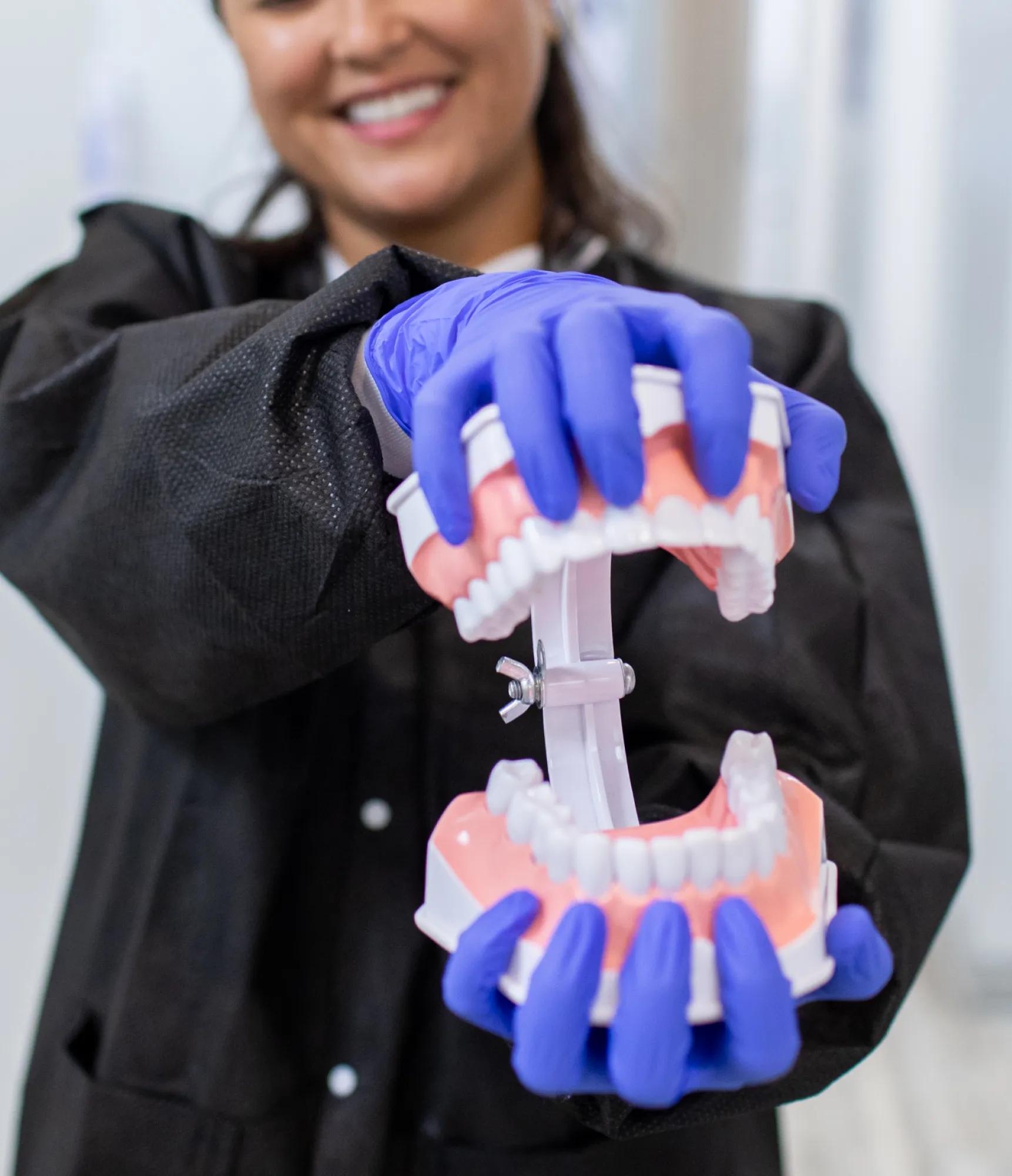 Person in gloves holds a dental model, showing teeth and gums in an open position.