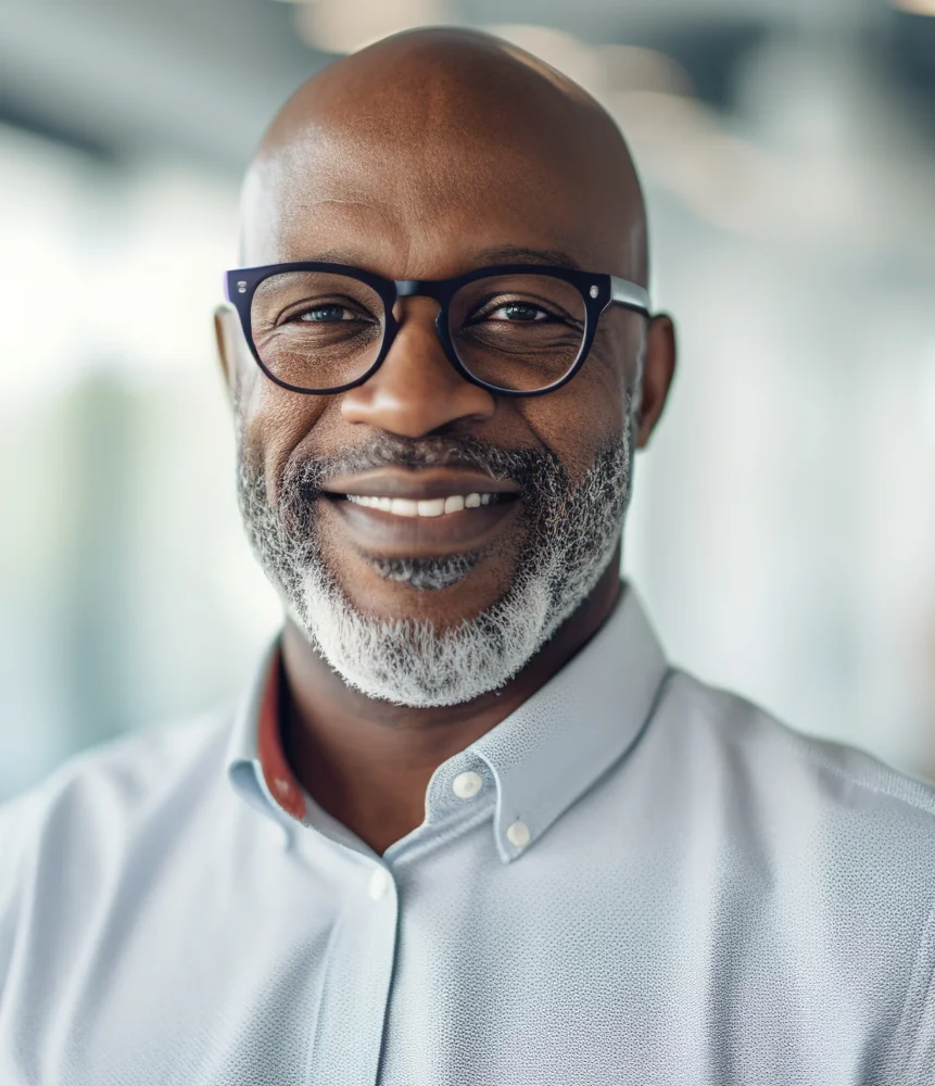 A smiling man wearing glasses and a light shirt, looking directly at the camera indoors.