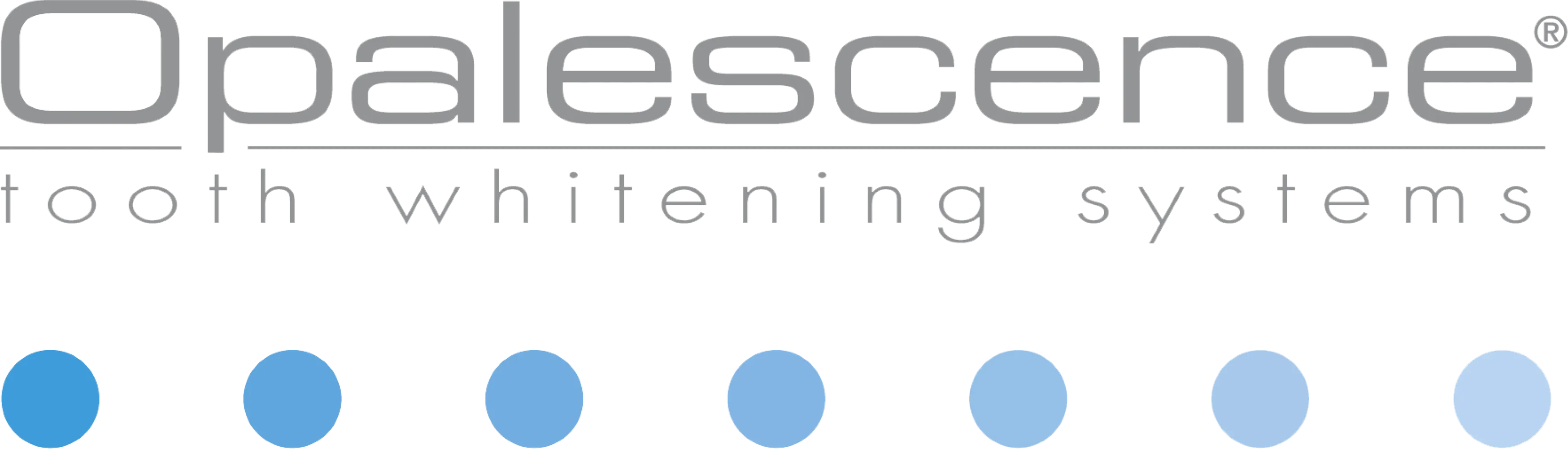 Text image showing "Opalescence tooth whitening systems" with six blue shaded circles underneath.