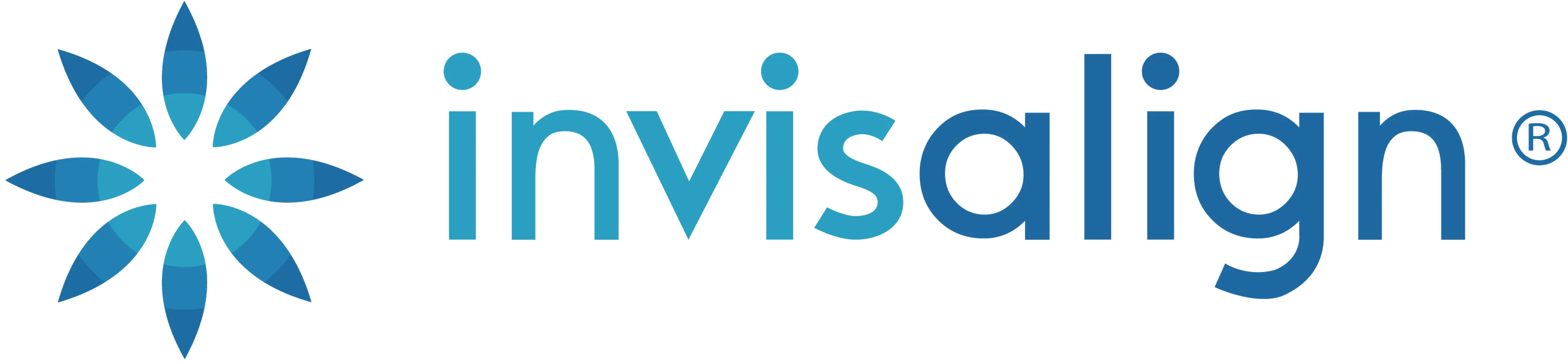 Invisalign logo featuring a stylized blue starburst design next to the brand name in blue lowercase letters.