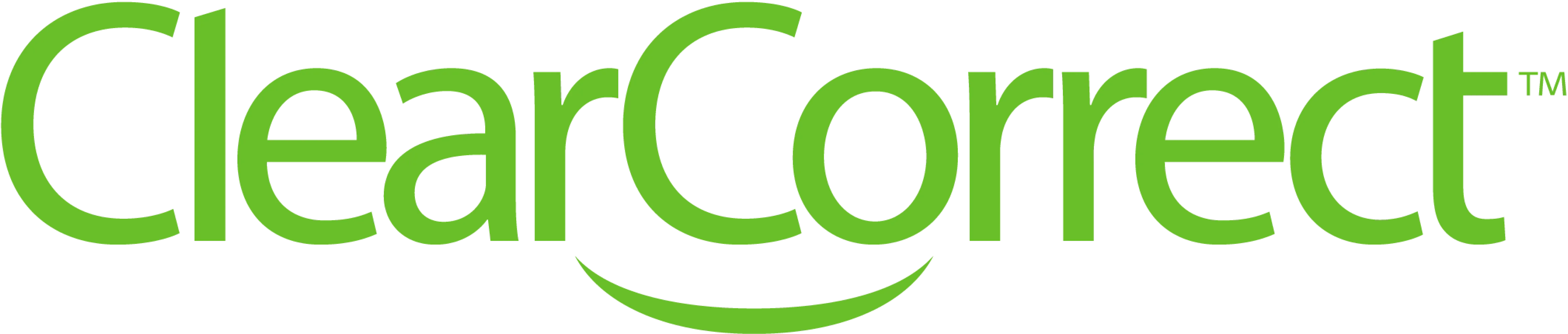 The image shows the ClearCorrect logo in green letters with a stylized smiling curve underneath.
