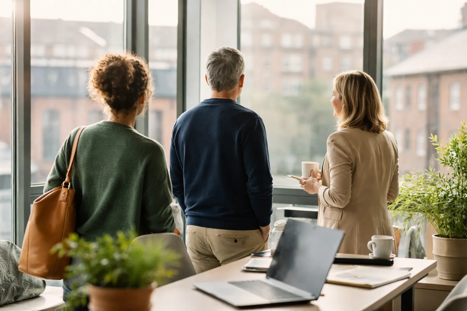 Mid-career professional walking thoughtfully in UK office corridor, reflecting on confidence in career transition